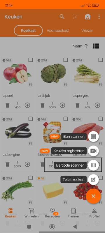 Kitchen page with Scan Barcode option